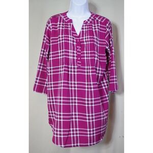 CW Classics Women's Medium Magenta Pink Plaid 3/4 Sleeve Tunic Blouse